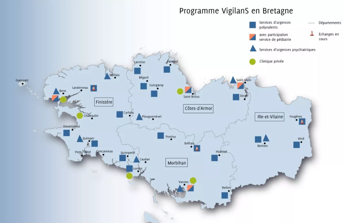 services d'urgence polyvalents : Brest, Douardenez, Quimper, Quimperlén Carhaix, Lorient, Vannes, Redon, Rennes, Vitré, Dinan, Guingamp, Saint Malon Bégard, Lannion