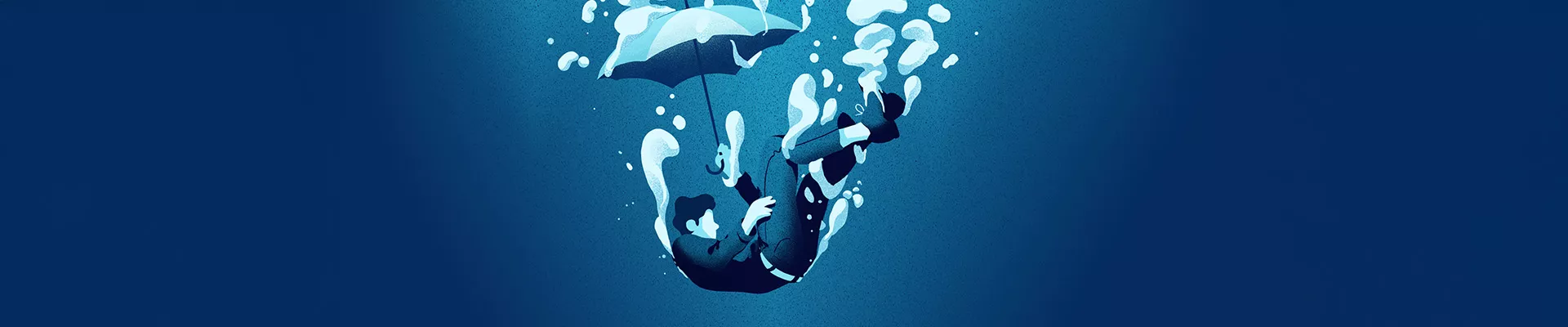 illustration un homme plonge habillé et avec son parapluie dans des eaux profondes. Tons bleus