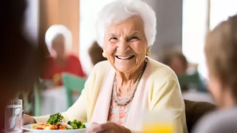 Une dame âgée mange au restaurant de l'EHPAD