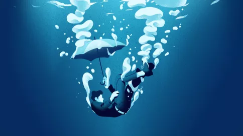 illustration un homme plonge habillé et avec son parapluie dans des eaux profondes. Tons bleus